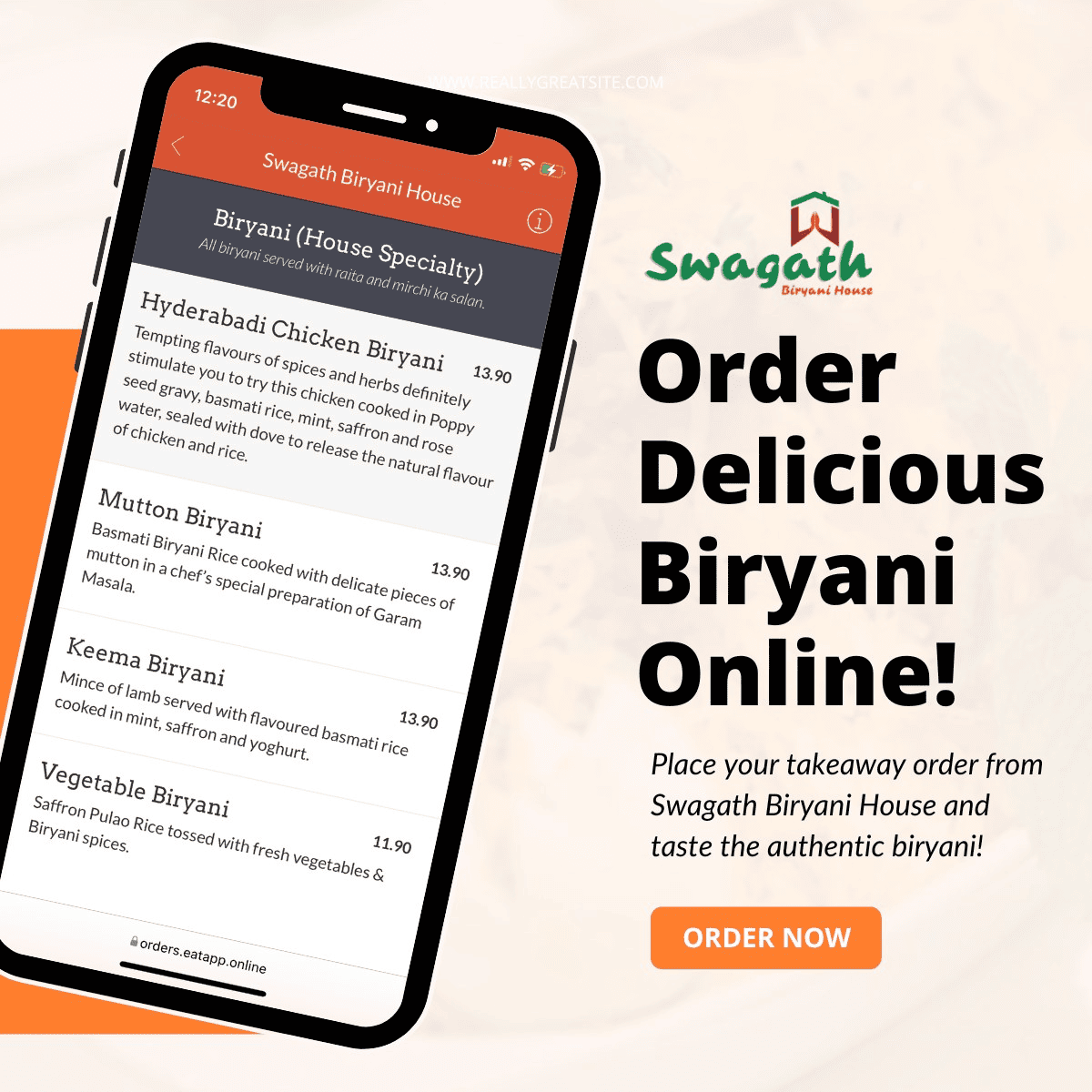 Ordering delicious food from Swagath Biryani House using their Mobile app or online ordering